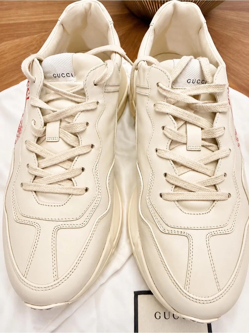 Gucci Cream Leather Platform Sneaker with Red Logo Accent